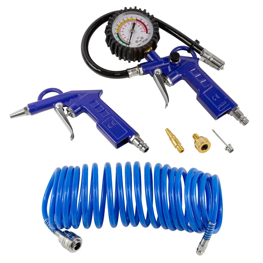 Пистолет для подкачки шин с манометром в комплекте с пистолетом обдувочным и шлангом 0-8.5 Bar, шланг 5 м ForceKraft FK-STG-26K6