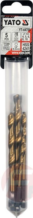 Набор сверл по металлу HSS-TiN 4, 5, 6, 8, 10 мм с хвостовим HEX 5 шт. Yato YT-44700