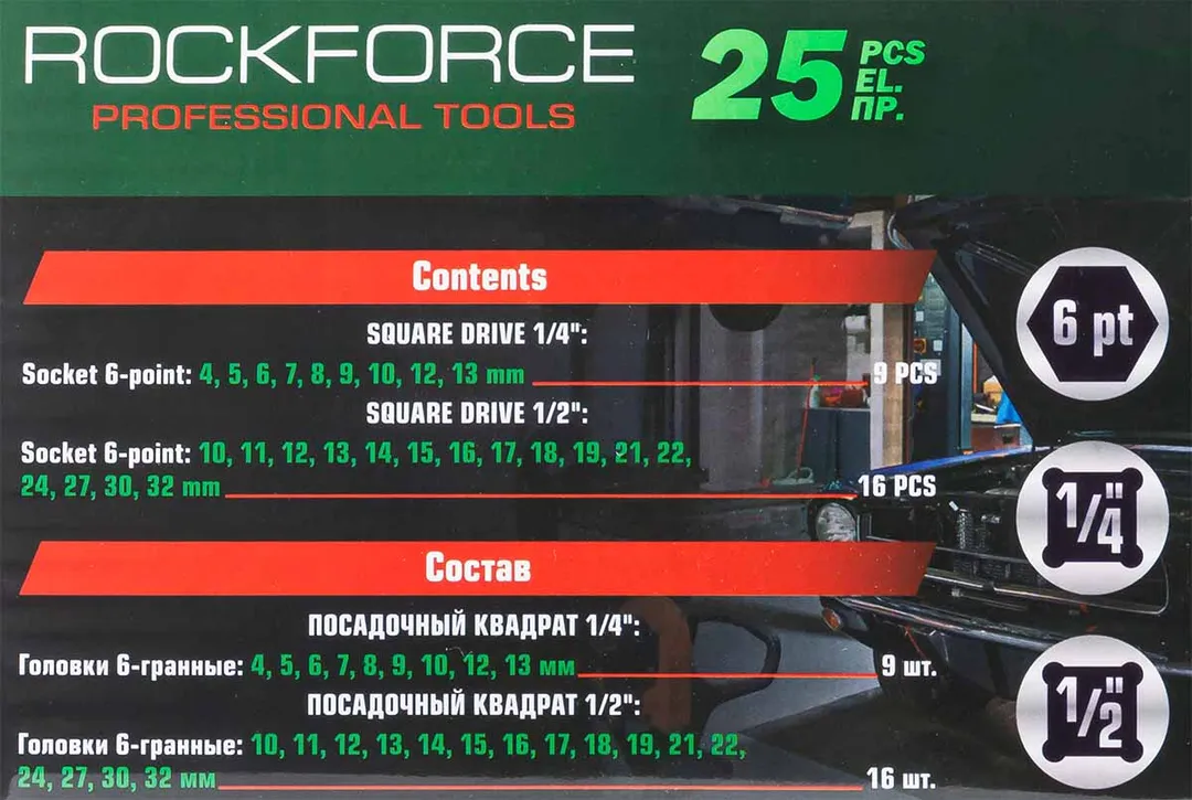 Набор ударных головок 25 пр. 25 пр. 1/4'' &1/2'' 6-гр. 4-32 мм RockForce RF-50121K