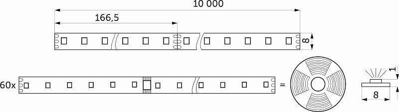 Лента светодиодная SPI, "Бегущий огонь", 12W/m, 24V, 8мм, 2835, 126 д/м, IP20, нейтральный белый, 4000K, 10м, AKS 115349
