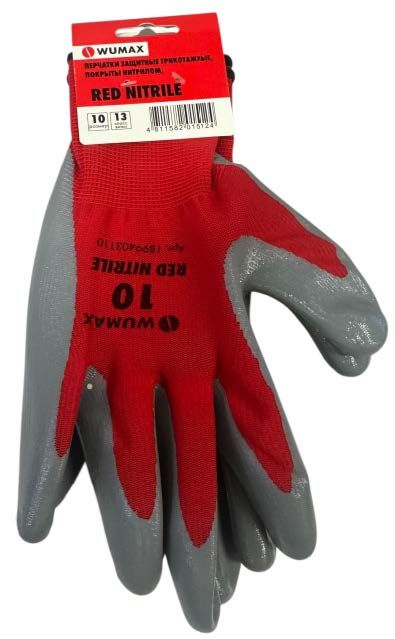 Перчатки защитные от минимальных рисков, покрыты нитрилом, Red Nitrile, р. 10, WUMAX 1899403110