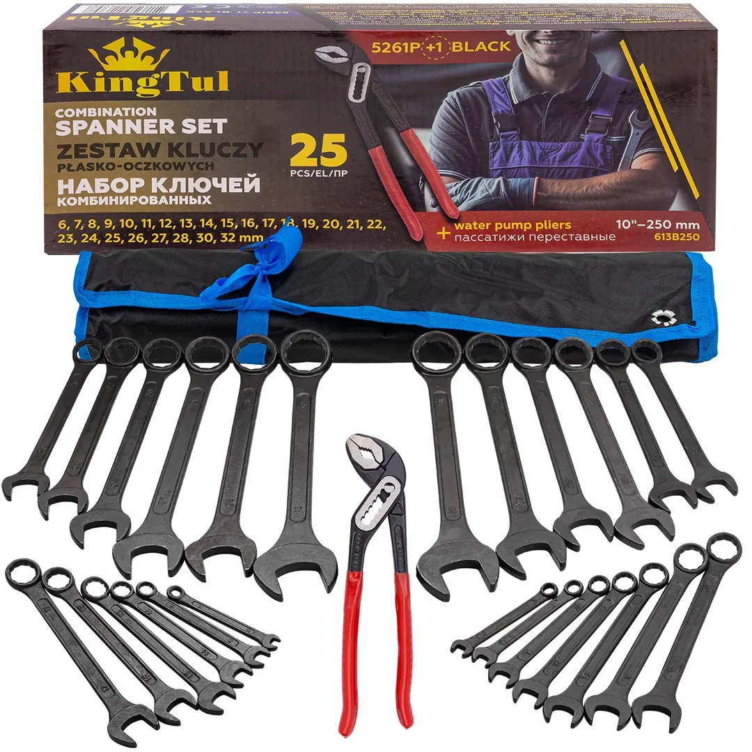 Набор комбинированных ключей 6-32 мм, пассатижи 250 мм, 26 пр KINGTUL KT-5261P+1 BLACK