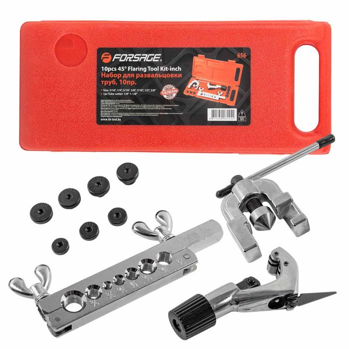 Набор инструментов для развальцовки трубок 10 пр., 3/16'', 1/4'', 5/16'', 3/8'', 7/16'', 1/2'', 5/8'' Forsage F-656