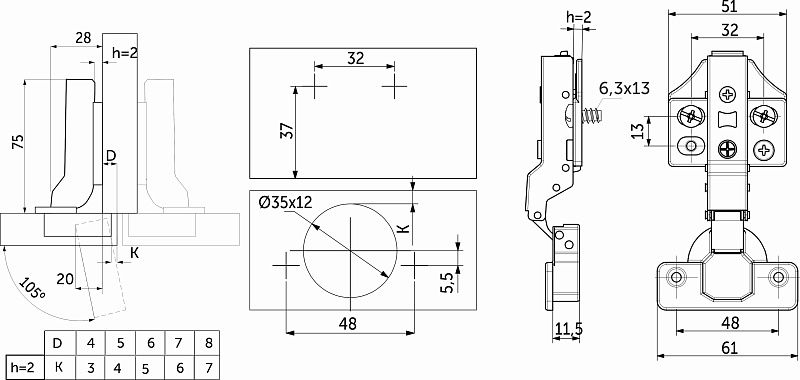 Петля полунакладная с доводчиком 48мм h2 clip-on 3D, еврошурупы, заглушки, упак 2 шт., PRIME by AKS 113404