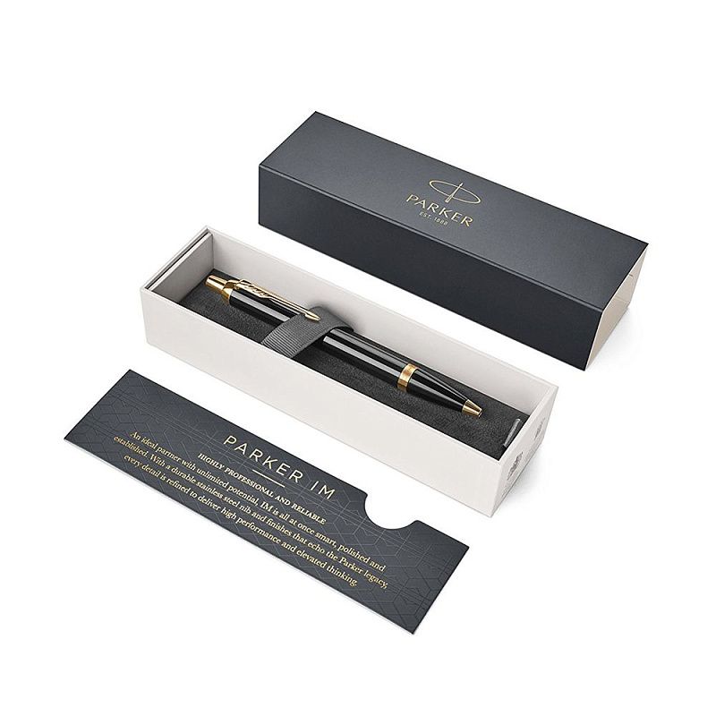 Ручка шариковая автоматическая "Parker IM Black Lacquer GT", 0.7 мм, черный, золотистый, стерж. синий