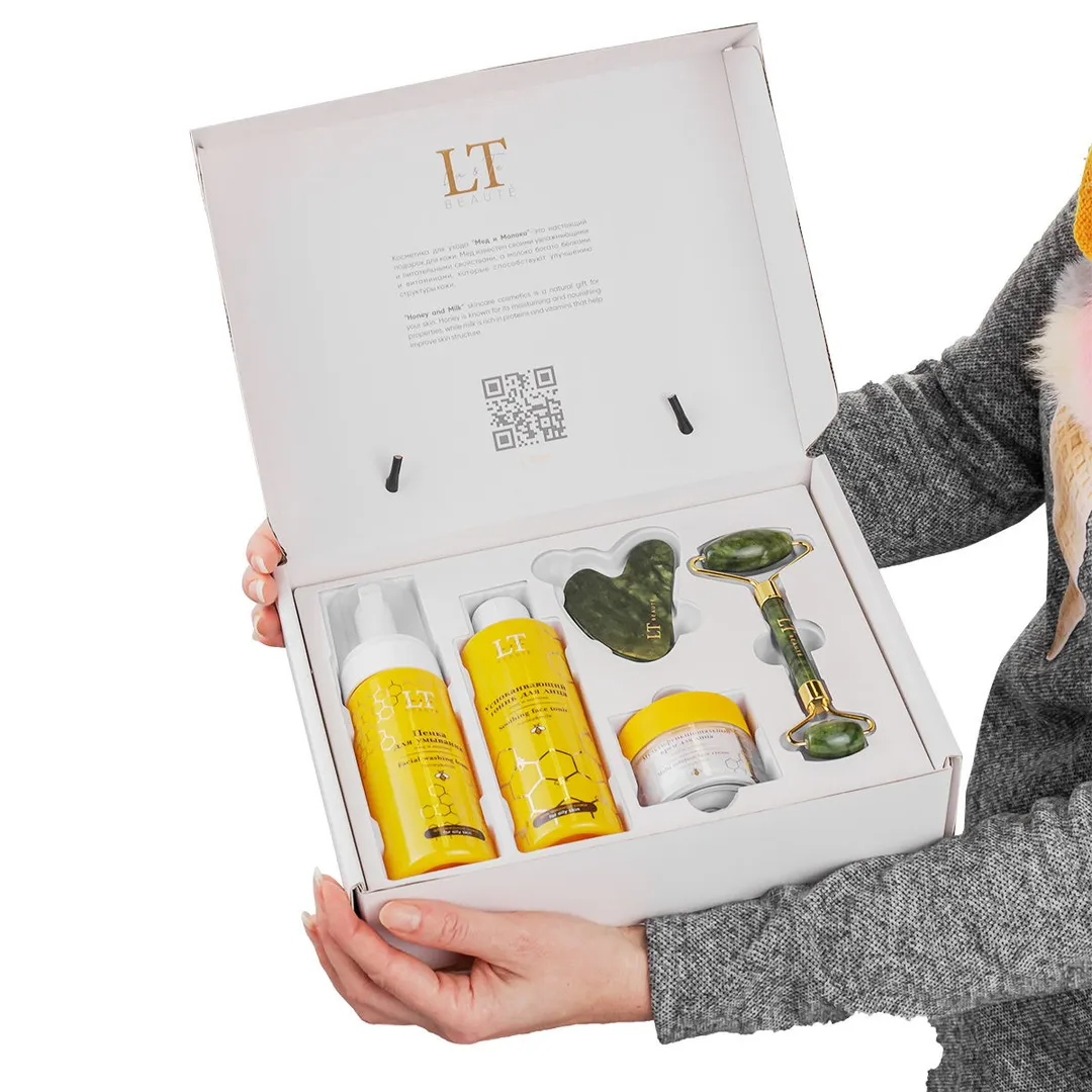 Набор Мед и молоко для жирной кожи лица, тоник LT-1213, крем-LT1237, пенка-LT-1275, скребок гуаша, массажный ролик зеленый La and Te beaute LT-Hm2