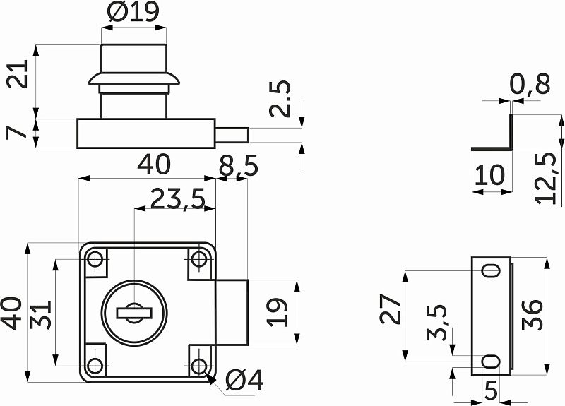 Замок для распашной двери механический 138, c ломаным ключом, черный, AKS 117300