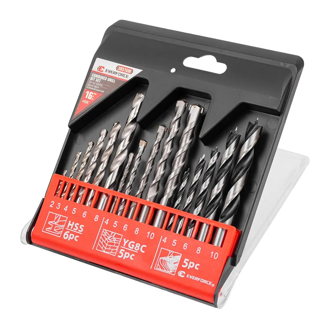 Комбинированный набор сверл 16 пр, по металлу: 2-6, 8 мм, по бетону: 4-6, 8, 10 мм, по дереву: 4-6, 8, 10 мм EVERFORCE EF-DBS16M