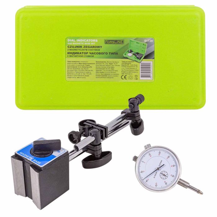 Индикатор часового типа с магнитной стойкой 0-10 мм, погрешность-0,01 мм, в пласт.кейсе ForsLine FL-01729