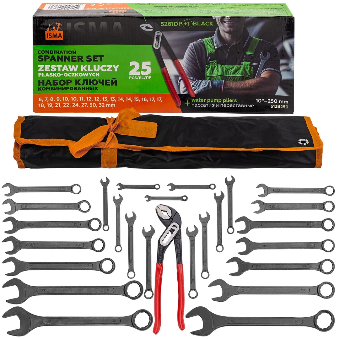 Набор комбинированных ключей 6-32 мм, пассатижи 250 мм, 26 пр ISMA ISMA-5261DP+1 BLACK