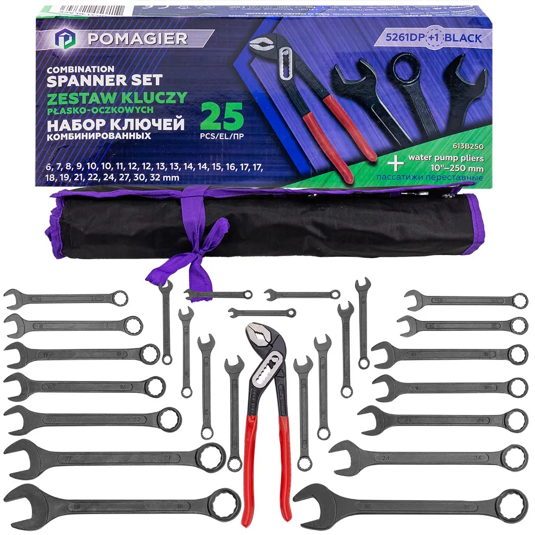 Набор комбинированных ключей 6-32 мм, пассатижи 250 мм, 26 пр POMAGIER POM-5261DP+1 BLACK
