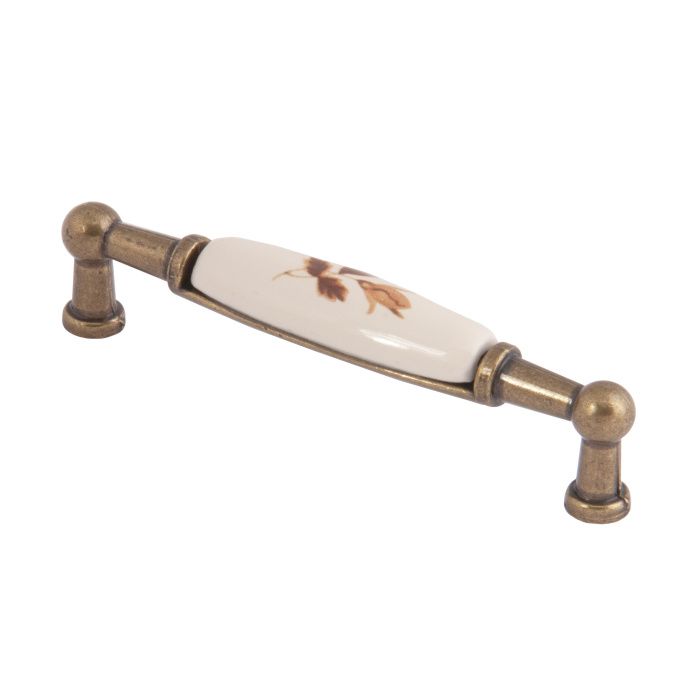 Ручка меб. скоба мет. UP21 с керам. вставкой (крем) 96 старое золото/коричневый лист тип 2 AKS 75708