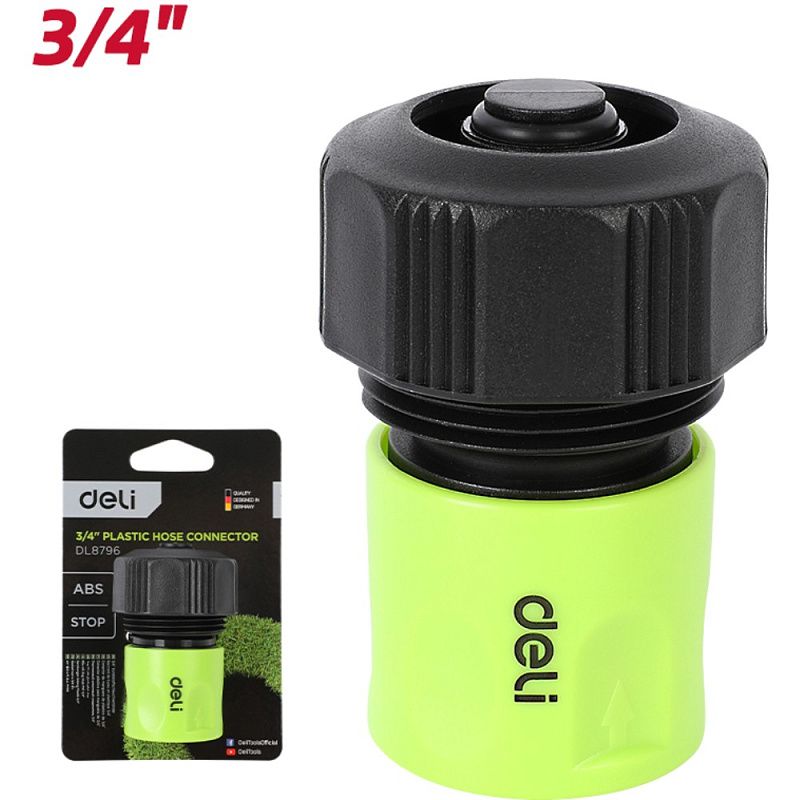 Соединитель-коннектор для шлангов Deli GS EDL8796, 3/4", быстросъемный с аквастопом, черный, зеленый