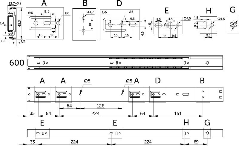 Направляющая шариковая L-600 h45 SOFT CLOSE A черный PRIME by AKS 119779