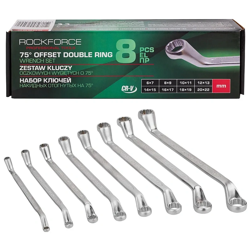 Набор ключей накидных, отогнутых на 75 град 8 пр 6х7-20х22 мм RockForce RF-5088P
