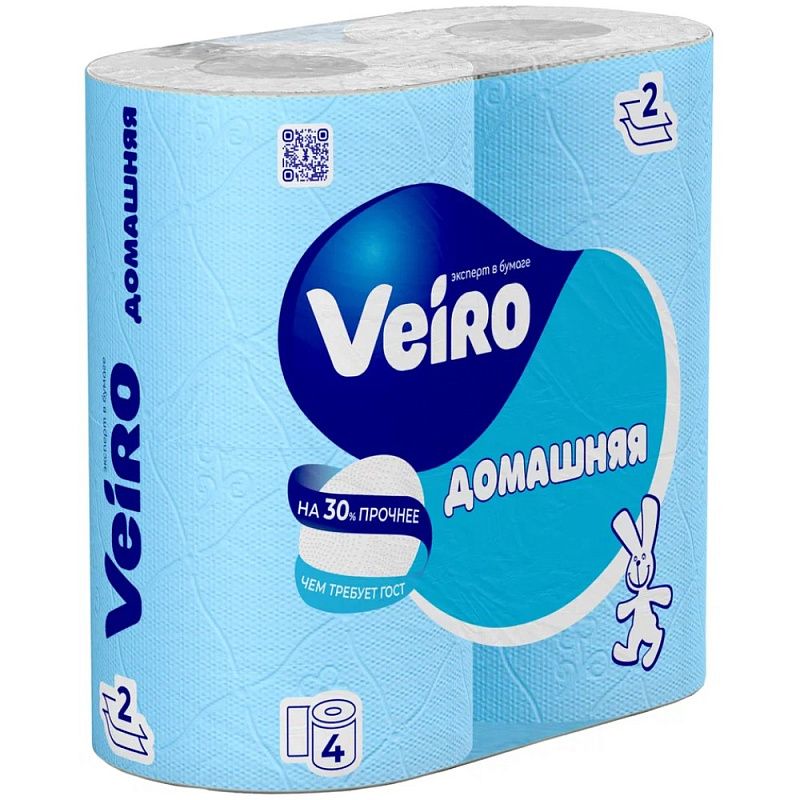 Бумага туалетная "Veiro Домашняя", 2 слоя, 4 рулона