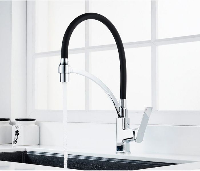 Смеситель для кухни с гибким силиконовым изливом, латунь, хром + черный L4075-2 Ledeme