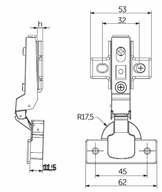 Петля полунакладная с доводчиком 45мм h0 clip-on AKS LIGHT 74161