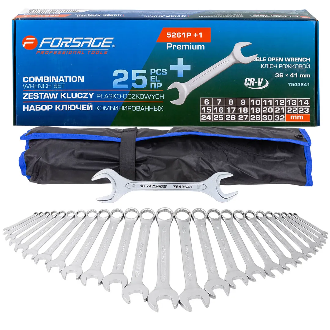 Набор комбинированных ключей 6-28, 30, 32 мм, ключ рожковый 36х41 мм 26 пр Forsage F-5261P+1 PREMIUM