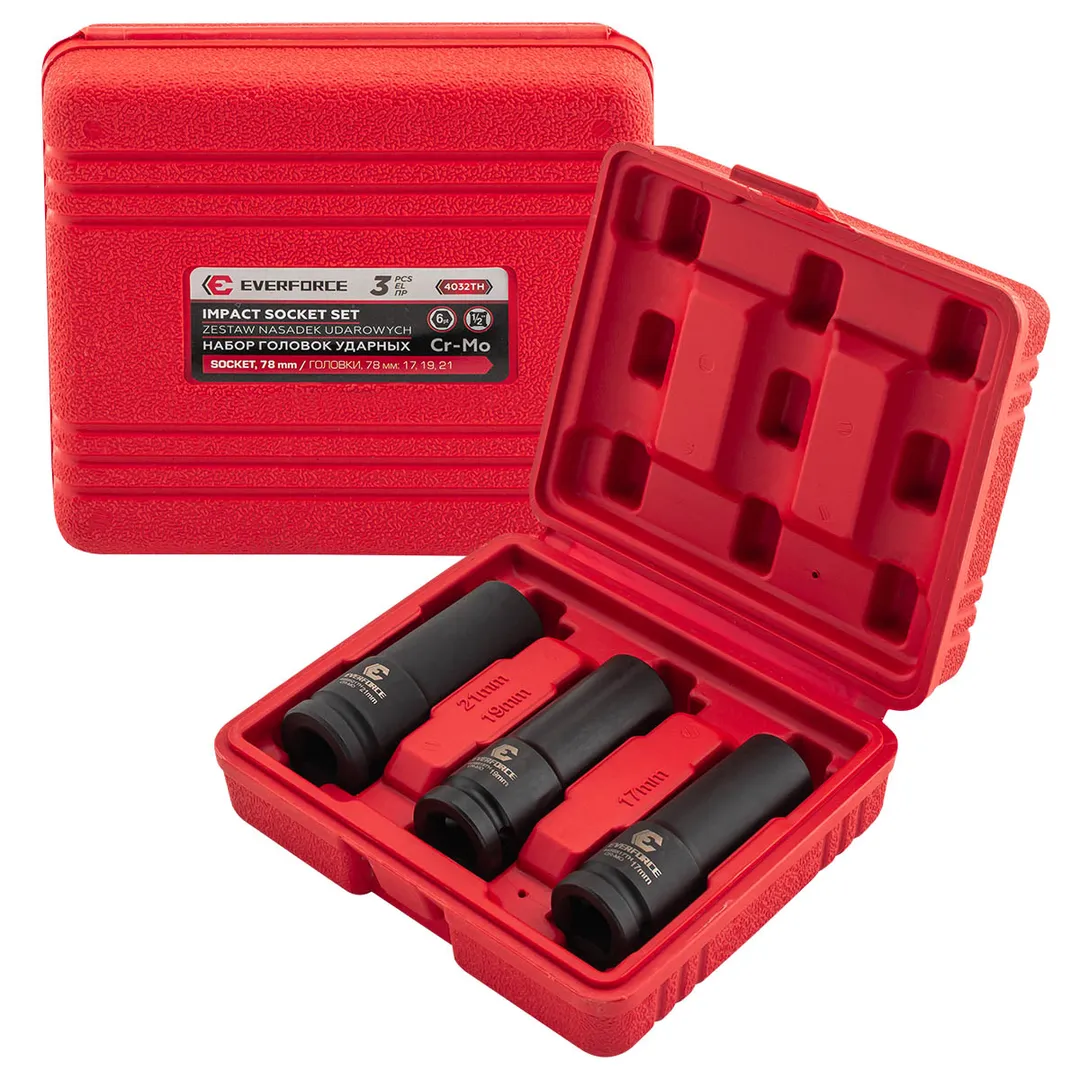 Набор ударных головок 17, 19, 21 мм 1/2'' 6-гр 3пр EVERFORCE EF-4032TH