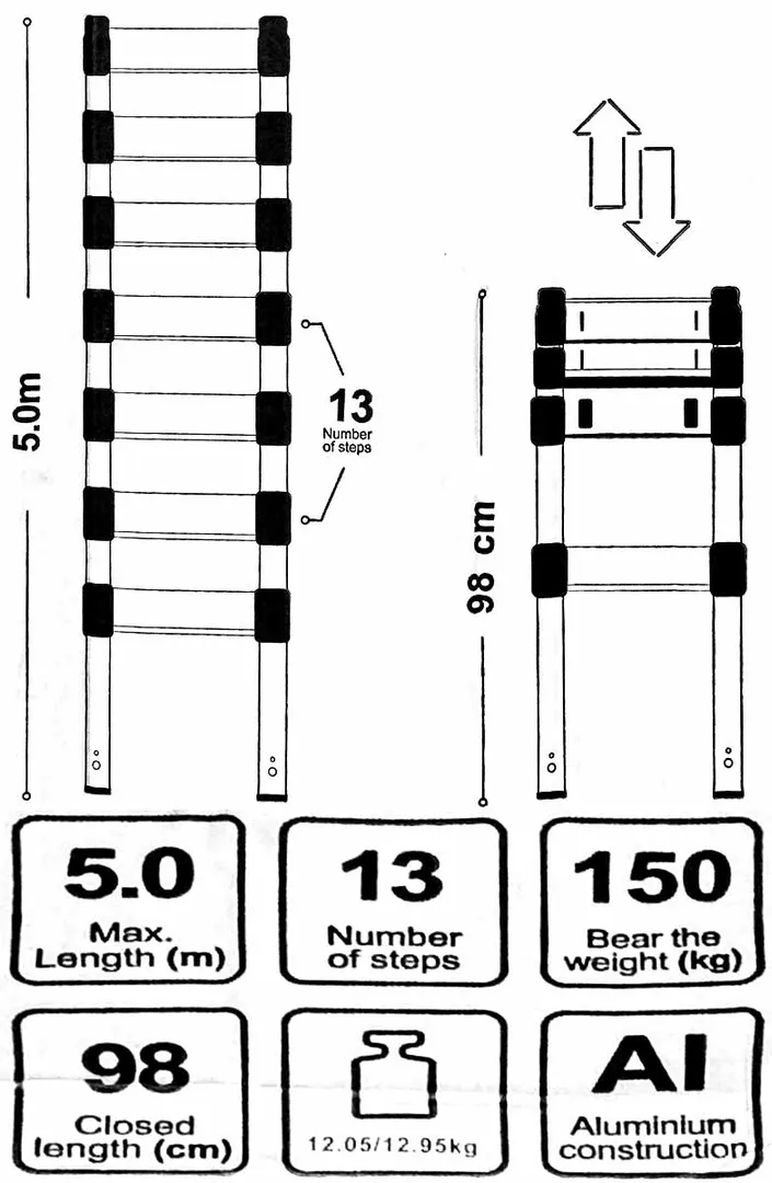 Лестница телескопическая алюм. бытовая 5 м 13 ступ. Scheppach Sch-UP500