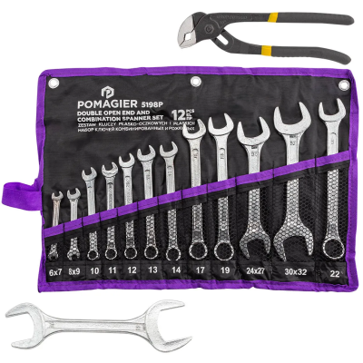Набор комбинированных 10-22 мм и рожковых ключей 6х7, 8х9, 24х27, 30х32, 36х41 мм, пассатижи, 14 пр POMAGIER POM-5198P+2