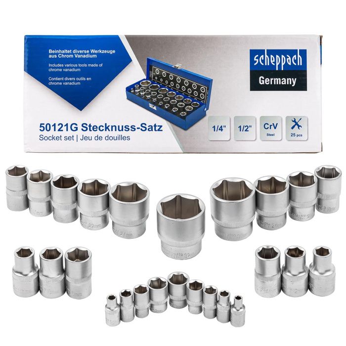 Набор головок 1/4''&1/2'' 25 пр. 6-гр. 4-32 мм Scheppach Sch-50121G