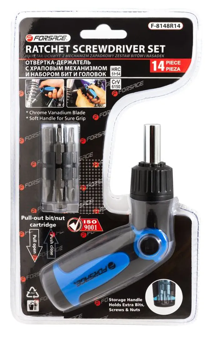 Отвертка поворотная реверсивная с набором бит 14 пр. CrV6150 Forsage F-8148R14