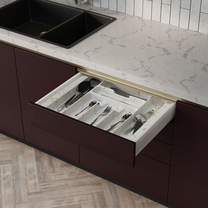 Лоток для столовых приборов 600 MARBLE 540*430, бело-золотой мрамор AKS 117562