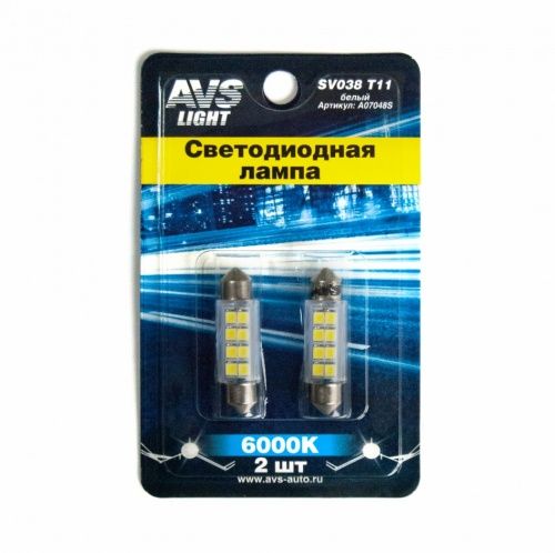 T11 SV038 /белый/ (SV8,5) 8SMD 2835, 39 мм, блистер 2 шт AVS A07048S