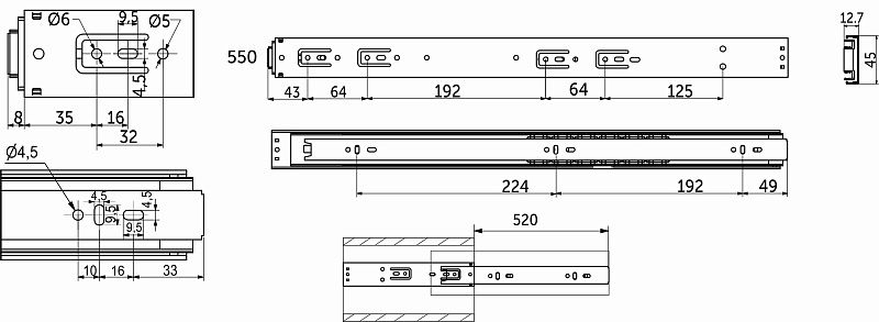Направляющая шариковая L-550 h45 PUSH TO OPEN A PRIME by AKS 115630