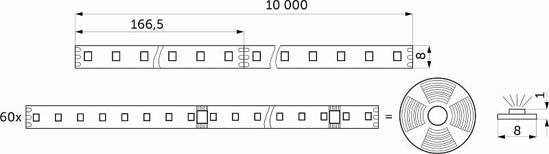 Лента светодиодная SPI, "Бегущий огонь", 12W/m, 24V, 8мм, 2835, 126 д/м, IP20, теплый белый, 3000K, 10м, AKS 115350