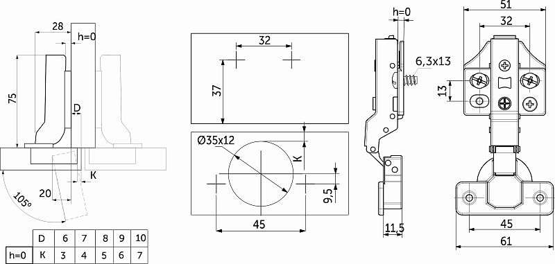 Петля полунакладная с доводчиком 45мм h0 clip-on 3D, еврошурупы, заглушки, упак 2 шт., PRIME by AKS 113403