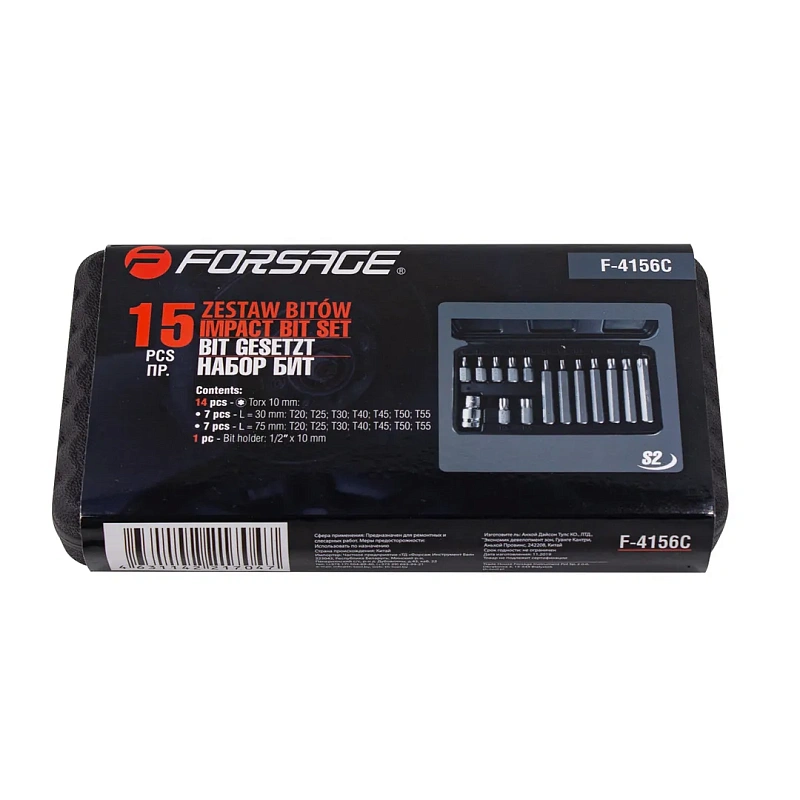 Набор бит Torx Т20-Т55 с битодержателем 15 пр. 30/75 мм 10 мм Forsage F-4156C