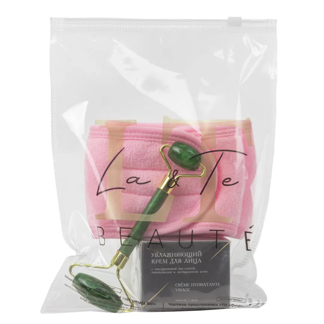 Набор: увлажняющий крем для лица LT-1862, массажный ролик, зеленый, повязка на липучке, розовая La and Te beaute LT-33