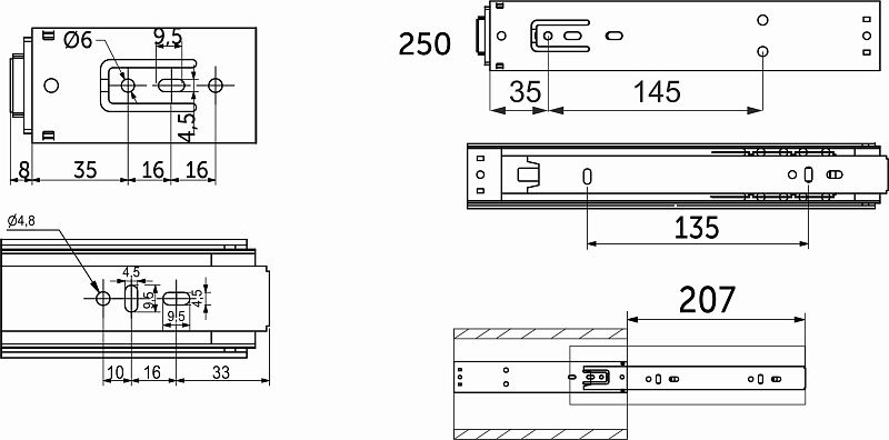 Направляющая шариковая L-250 h=45 PUSH TO OPEN AKS PLUS 69574