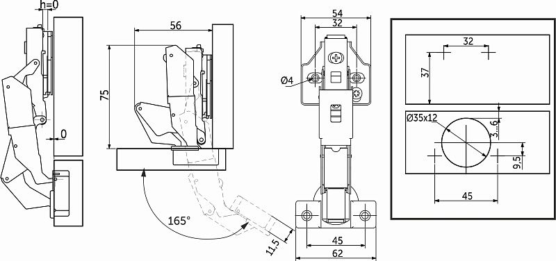 Петля 165° накладная с доводчиком 45мм h0 clip-on 3D, саморезы, заглушки, 0-е вхождение, упак 2 шт., PRIME by AKS 112658