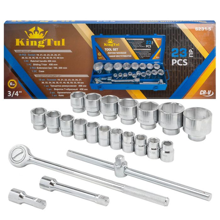 Набор торцевых головок 23 пр. 3/4'' 6-гр. 19-60 мм в металл.кейсе KINGTUL KT-6231-5