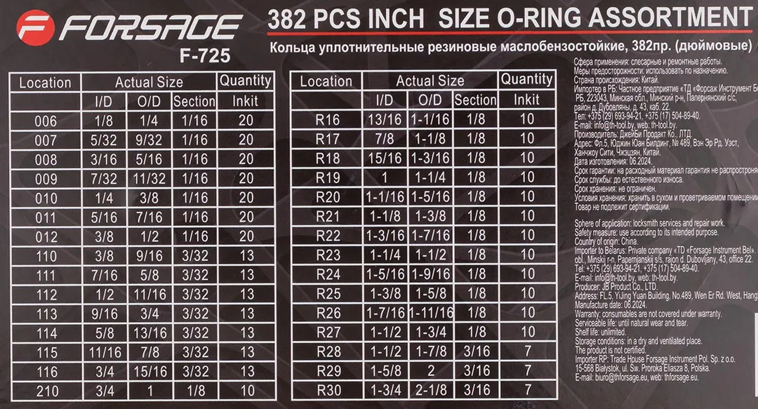 Кольца уплотнительные резиновые маслобензостойкие, 382 пр., дюймовые Forsage F-725