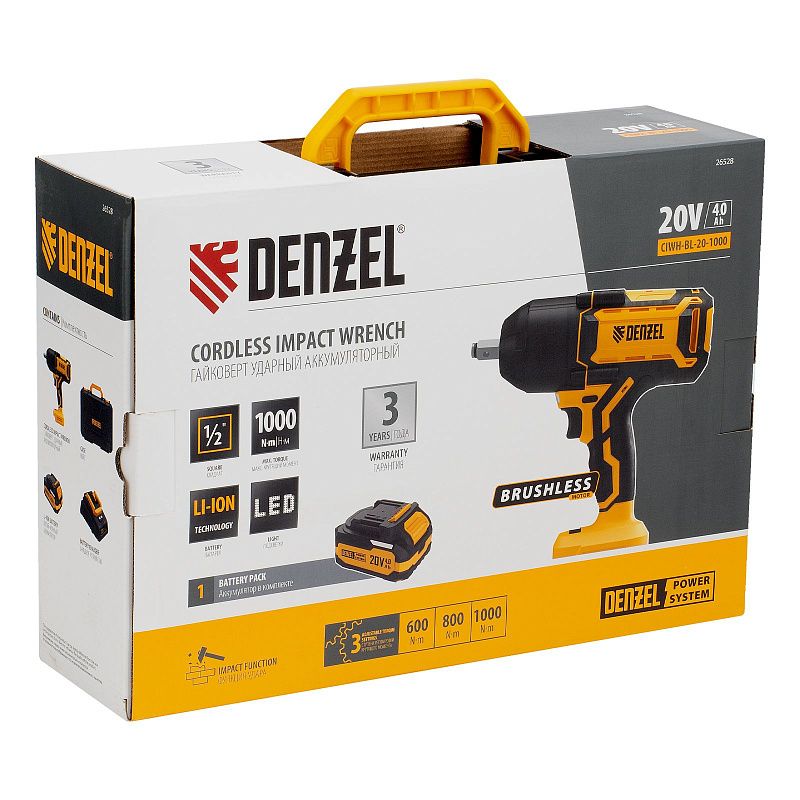 Гайковерт ударный аккумуляторный бесщет. CIWH-BL-20-1000, Li-Ion, 20 В Denzel 26528