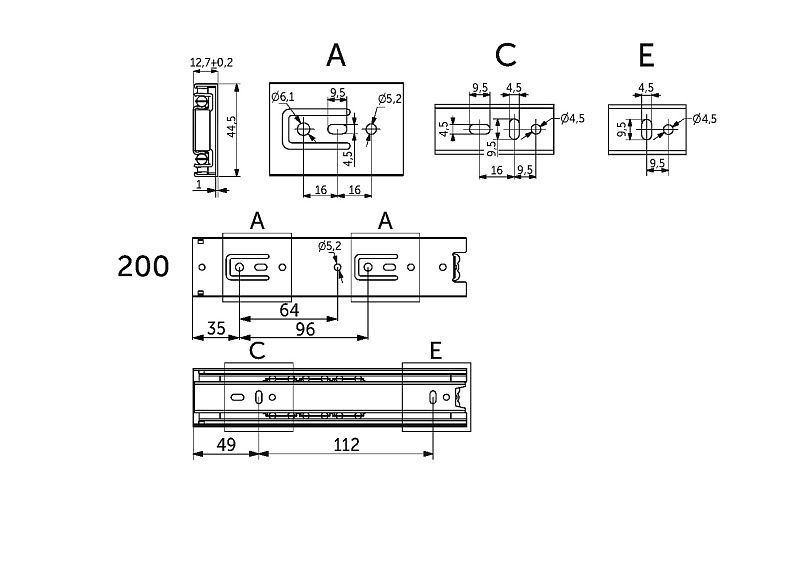Направляющая шариковая L-200 h45 A черный PRIME by AKS 122742