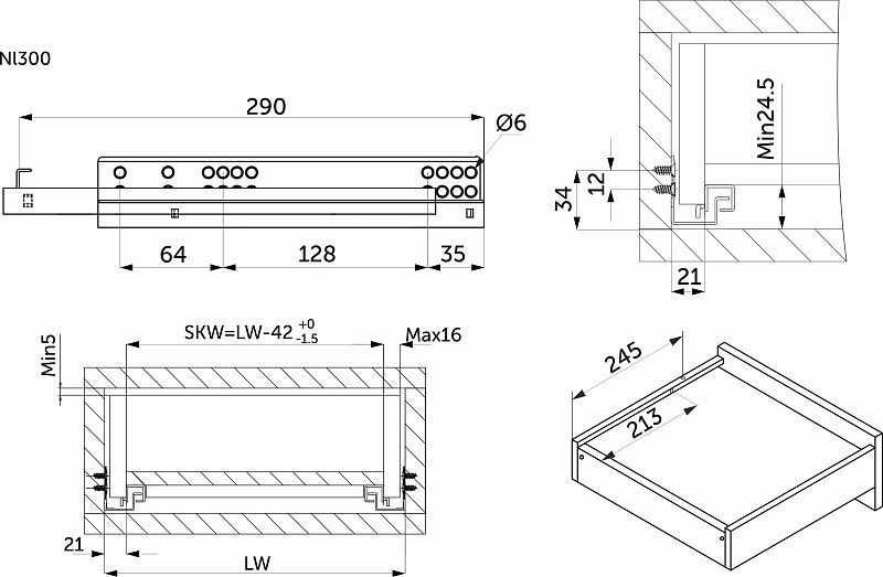 Направляющая скрытого монтажа L-300 с доводчиком ДСП до16mm насадной монтаж 3/4 с фиксаторами AKS 118275