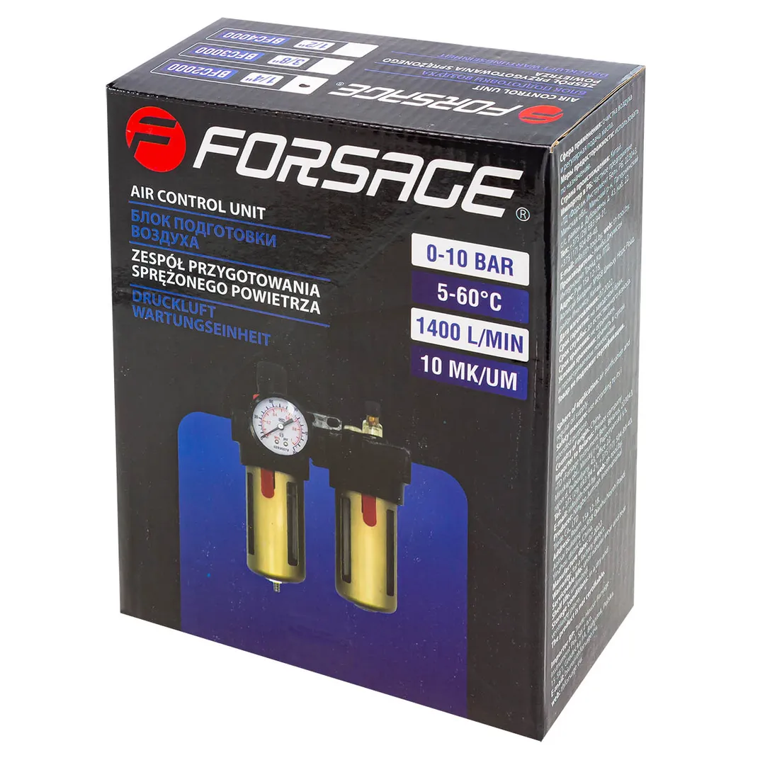 Блок подготовки воздуха 1/2'', фильтр-регулятор+лубрикатор, 10Мк, 1400 л/мин, 0-10bar, раб. t 5°-60° Forsage F-BFC4000