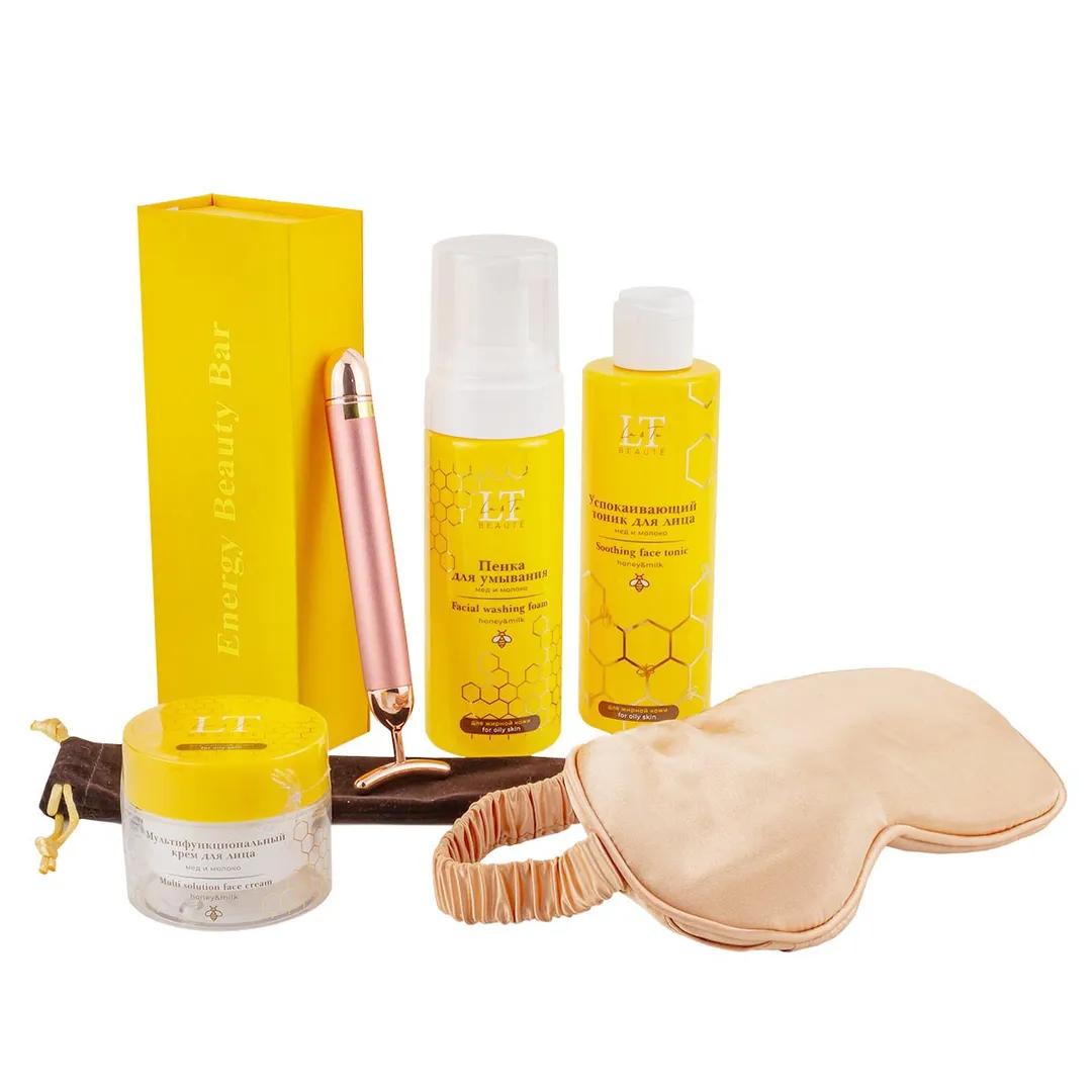 Набор по уходу за лицом для жирной кожи, тоник 1213, крем 1237, пенка 1275, маска для сна, массажер желтый La and Te beaute LT-CB7