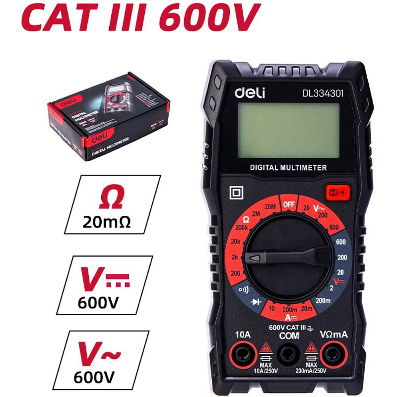 Мультиметр цифровой Deli RS EDL334301, 600В, универсальный, черный