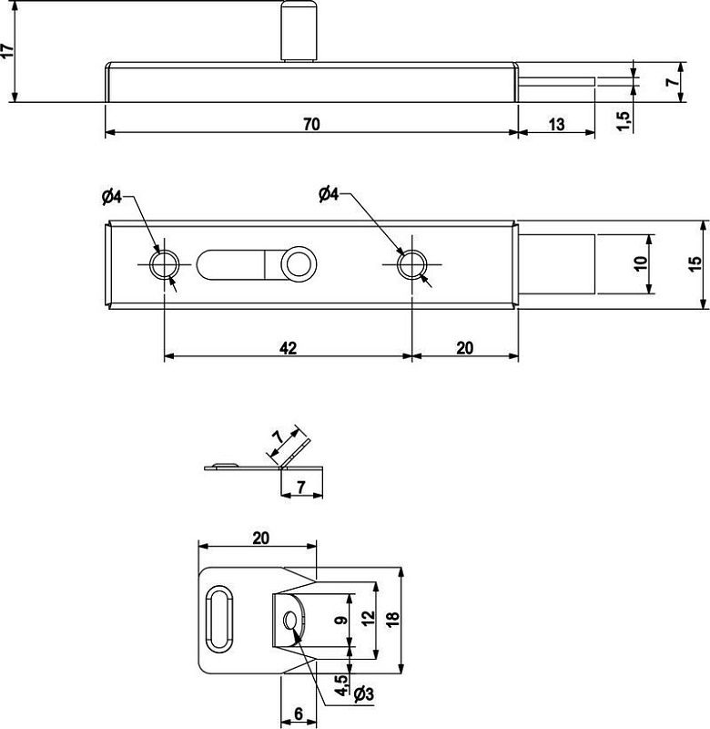 Задвижка мебельная, шпингалет, никель, AKS 116102