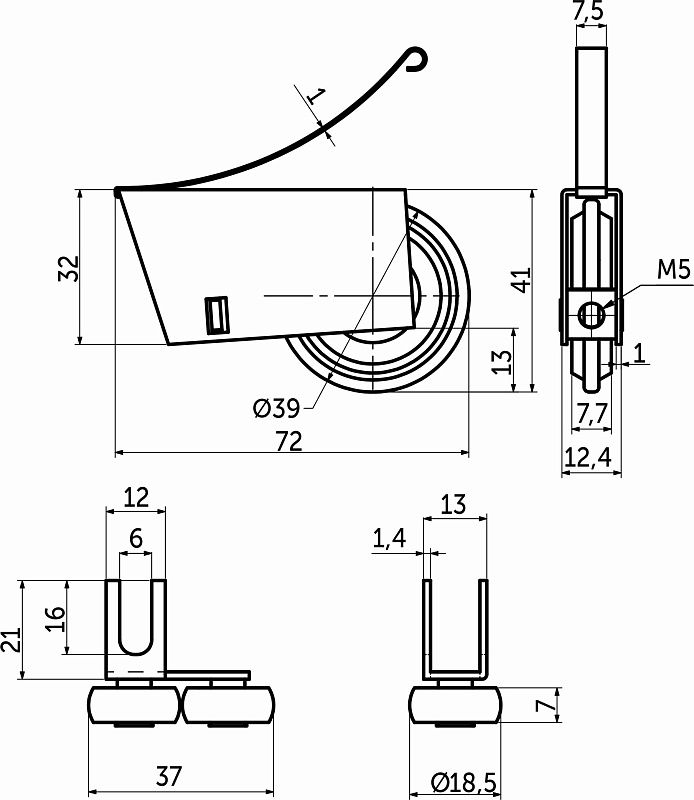 Комплект роликов SENATOR открытый для 1 раздвижной двери 50 кг AKS LIGHT 38761
