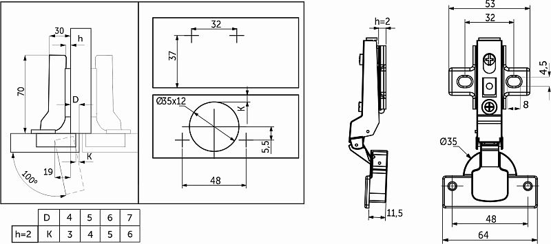 Петля полунакладная с доводчиком 48мм h2 clip-on GRIDLI 118856