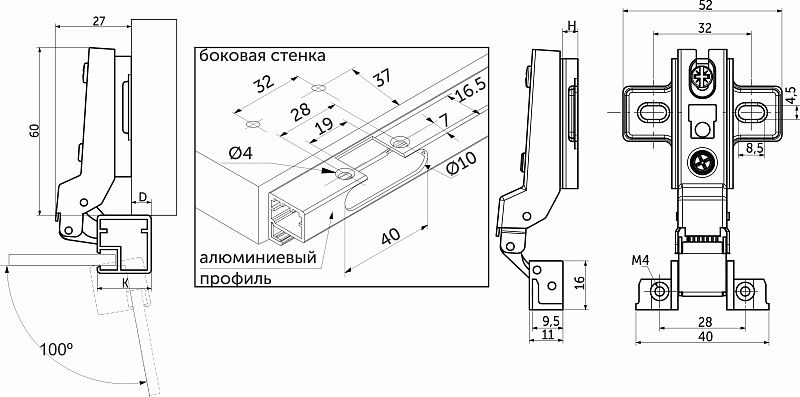 Петля д/алюм.рамки Z-1 полунакладная с пружиной h2 slide-on, саморезы, AKS 123238