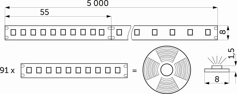 Лента светодиодная двухцветная, CCT, 14,4W/m, 24V, 8мм, 2835, 180 д/м, IP20, тепл-холод белый, 5м, AKS 117279